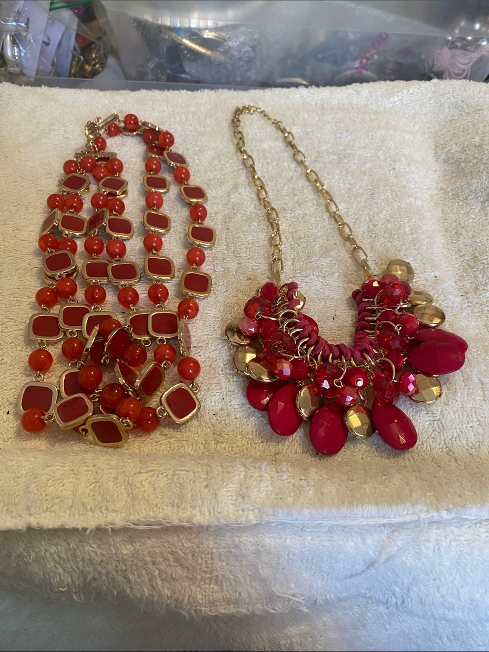 Bold red and gold Multi-Strand Statement Necklace - Gold Tone